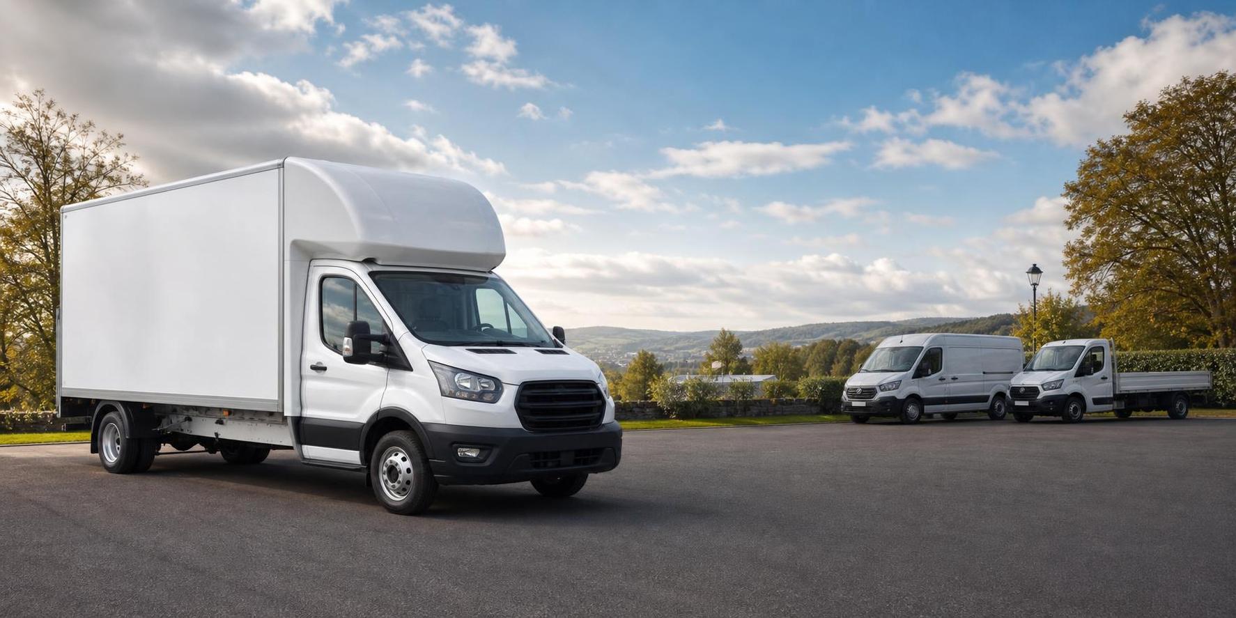 Wide hero image of a clean Harrogate-area vehicle hire fleet led by a white Luton van with space for overlay text.